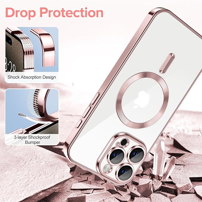Hython Magnetic Clear for iPhone 15 Pro Max Case with Camera Lens Protector [Compatible with MagSafe] Plating Edge Slim Soft TPU Cover Protective Phone Case for iPhone 15 Pro Max 6.7", Pink