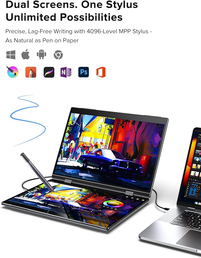UPERFECT Delta Pro Touch Portable Monitor, 16" 2K Laptop Screen Extender, Touchscreen Dual Monitor with Stylus, First Pressure-Sensitive Touch Display, Stacked Folding Vertical Dual Screen with Stand