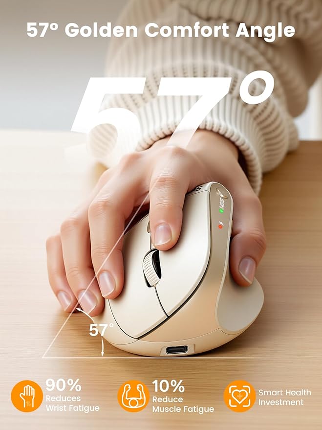 SABLUTE MAM3 Ergonomic Mouse, Rechargeable Wireless Vertical Mouse with 4 Adjustable DPI for Small/Medium Hands, Dual-Device Connectivity for Computer/PC/Laptop,Bluetooth Mouse for Window,Mac OS,Beige