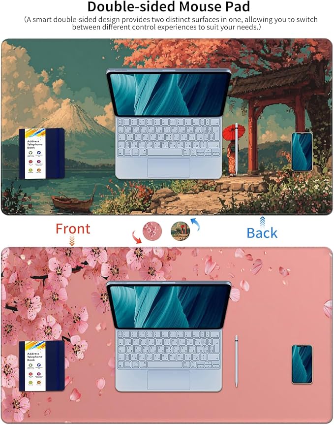 AQQA Pink Japanese Desk Mat with Stitched Edges,31.5" x 15.7" Large Dual-Sided Cherry Blossom Mousepad for Women,Mouse Pad Protector with Waterproof for Laptop Office Accessories
