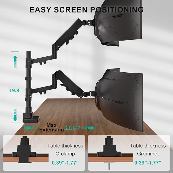 WALI Vertical Dual Monitor Mount for 17-49 inch Ultrawides Curved Screens, Heavy Duty Stacked Dual Monitor Stand for Desk, Adjustable Ultrawide Monitor Arm up to 33lbs, VESA Mount 75/100mm, Black