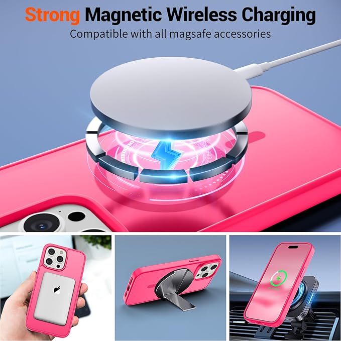 SUPFINE Magnetic for iPhone 15 Pro Case (Compatible with MagSafe) (Military Grade Drop Protection) Slim Translucent Matte Shockproof Phone Cover,Hot Pink