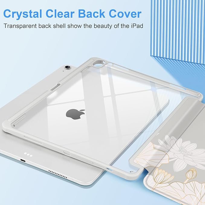 Case for iPad Air 13 inch 2026 M4 2025 M3 2024 M2 Release with Pencil Holder - Aesthetic Cute Design Trifold Cover with Soft TPU Bumper Clear Back Auto Sleep/Wake for Girls Women, Golden Lotus
