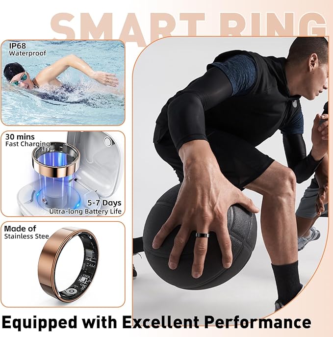Smart Ring with Sleep Monitoring, Step Counting, Heart Rate, Blood Oxygen for iPhone and Android, No Subscription Fee, IP68 Waterproof Health Tracker (Rose Gold, 7)