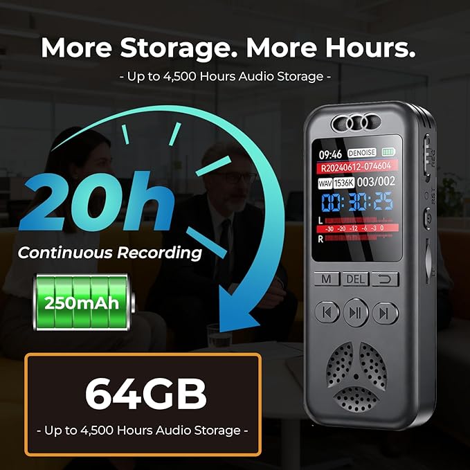 64GB Digital Voice Recorder, Small Voice Activated Recorders with Playback, 1536Kbps Audio, 70dB Noise Reduction, A-B Repeat Recording Device Portable Mini for Lectures, Meetings, Interview etc