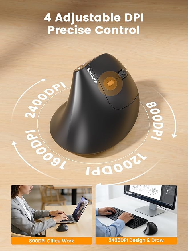 SABLUTE MAM3 Ergonomic Mouse, Bluetooth Mouse for Small/Medium Hands,Dual-Device Connectivity for Computer/Laptop, Rechargeable Wireless Vertical Mouse with 4 Adjustable DPI for Window,Mac OS,Black