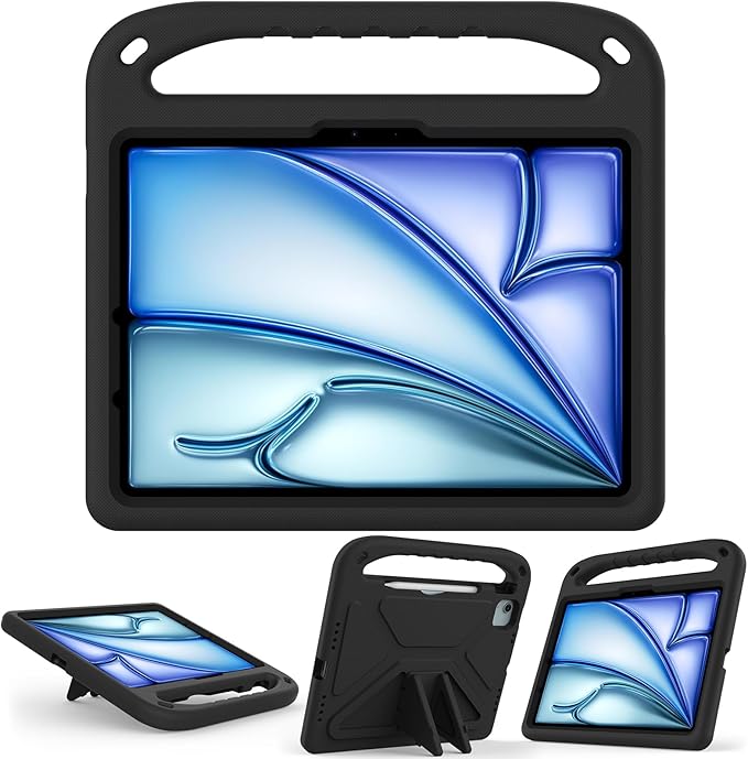 Dteck Kids Case for iPad Air 11" M2 (2024) & iPad Pro 11" M4 (2024) with Pencil Holder, Shockproof Rugged Protective Handle Stand, EVA Foam Case, Black