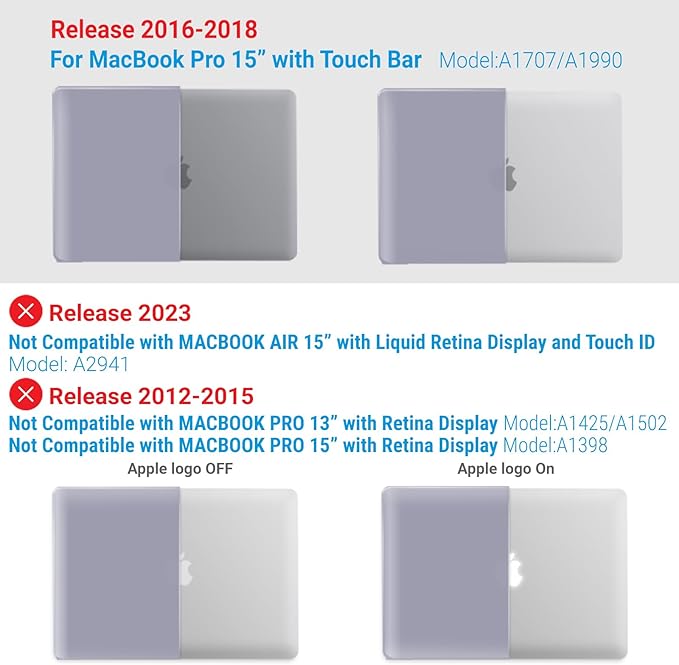 IBENZER Compatible with MacBook Pro 15 Inch Case 2019 2018 2017 2016 A1990 A1707, Hard Shell Case with Keyboard Cover & Type C Adapter for Mac Pro 15 Touch Bar, Lavender Gray, T15LVGY+1TC