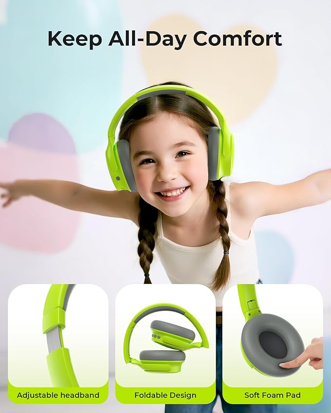 seenda Active Noise Cancelling Headphones for Kids, HEO-303 Bluetooth 5.4 60H Playtime Type C Fast Charging, 74/85/94 dB Safe Volume Limit Headset with Mic for Ipad, Airplane, Travel, Green
