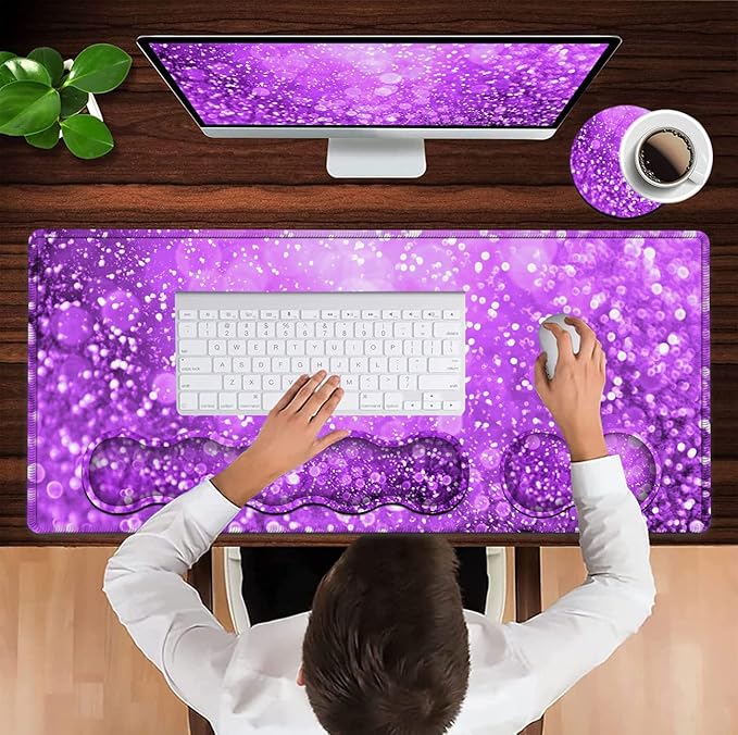 Large Gaming Mouse Pad (31.5x11.8 in), Rubber Base XXL Mousepad with Stitched Edges, Ergonomic Keyboard Wrist Rest, Extended Mouse Mat Desk Pad for Work, Game, Office, Purple Mousepad