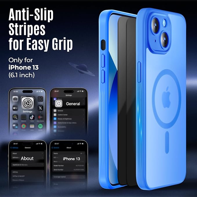 Symcele Designed for iPhone 13 Case, Compatible with MagSafe, with Privacy Screen Protectors X2, [Camera Protection] [15FT Military Drop Protection] Shockproof Phone Case, 6.1", Blue