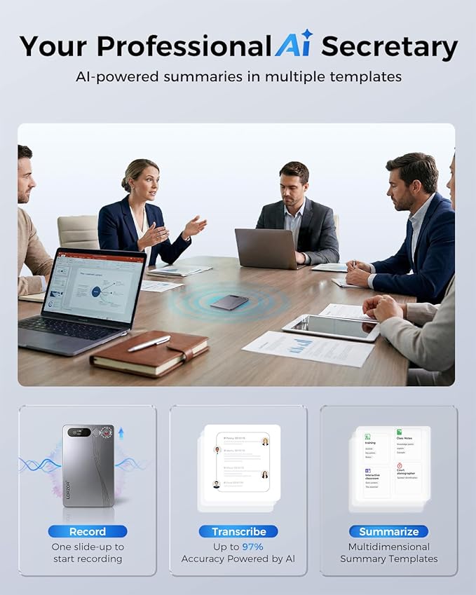 LORZOR AI Voice Recorder, Transcribe & Summarize, 64GB Audio Note Taker for Meetings & Calls, App Control, Support 152 Languages, Al Noise Cancellation Technology, Case & Lanyard Included, Gray