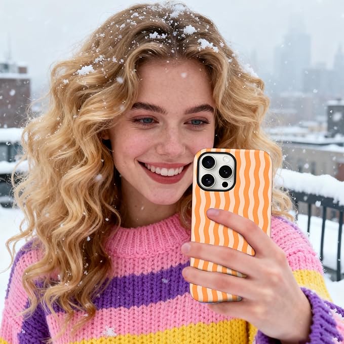 Magnetic for iPhone 15 Pro Max Case Cute Wavy Stripes Phone Case, Shockproof Slim TPU and Hard PC Protective Phone Cover Compatible with MagSafe Designed for Women Girls, Orange