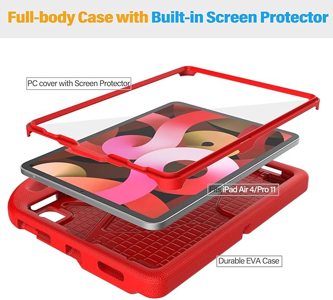 SUPLIK Kids Case for iPad Air 5th/4th Generation (10.9 inch,2022/2020), Built with Screen Protector, iPad Air 5 Kidproof Case with Handle Stand for Apple iPad Air Gen 4/5&Pro 11 Old Version, Red