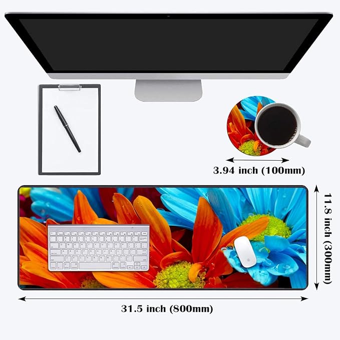 Desk Pad Mat Gaming Mouse Pads with Coasters Set, Stitched Edges Design Mouse Pad XXL Large Mouse Pad for Laptop Computers Daisy Flowers Bloom Colorful Petals Desk Writing Mat for Office & Home