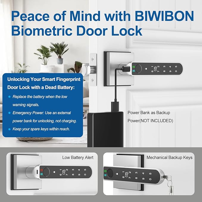 BIWIBON Fingerprint Door Lock, 5 in 1 Finger Print Door Knob with Smart APP/Fingerprint/IC Cards/Password/Backup Keys, Smart Door Knob with Keypad for Bedroom, Office, Apartment, Square Silver