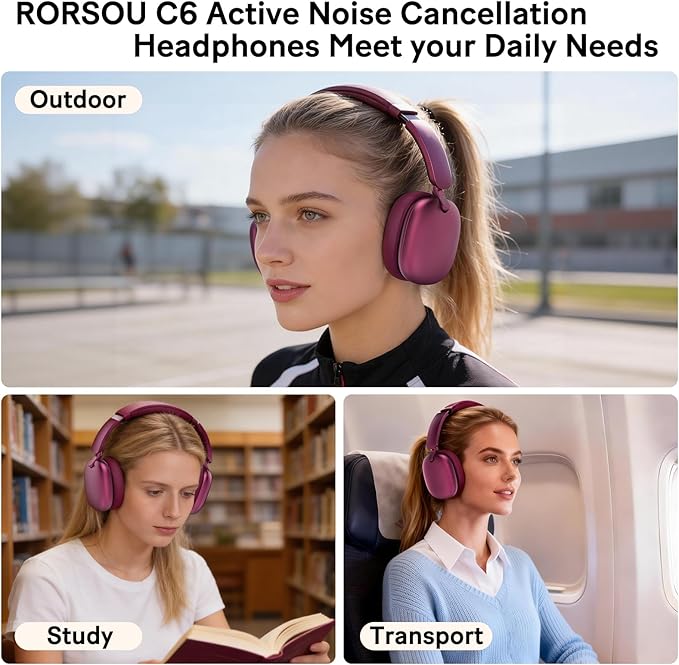 C6 Active Noise Cancelling Headphones, Wireless Over Ear Bluetooth Headphones, 60H Playtime, Lightweight Folding Deep Bass Comfort Fit Ear Cups Headset with Mic for iPad/Travel/PC/Home Red