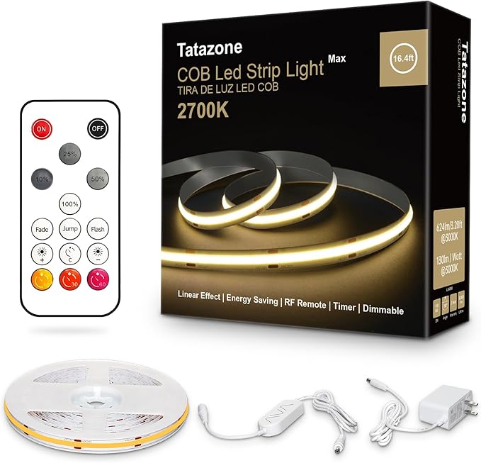 Tatazone White COB Led Strip Lights Max with RF Remote, 16.4ft 2700K CRI93+ Dimmable Ultra Bright Warm White COB Light Strip, Adhesive Indoor COB Led Lights for Living Room, Shelf, Cabinet