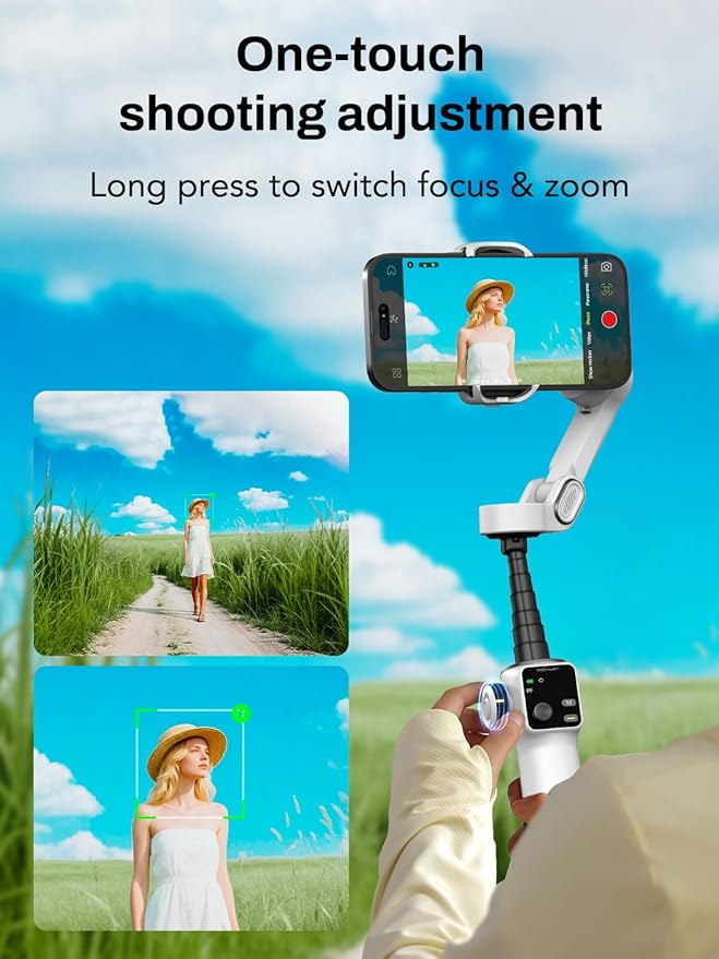 AOCHUAN Gimbal Stabilizer for iPhone & Android, 3-Axis Phone Gimbal with OLED Screen, 7.8" Extendable Rod, Face & Gesture Tracking, Ideal for Vlogging, Travel & Video Recording-Smart V8 White