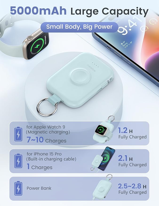 RORRY Portable Charger, 5000mAh Portable Charger Power Bank with Built-in Cables, Travel Keychain Battery Pack for Apple Watch Ultra/11/10/9/8/7/6/SE, iPhone Air/17/16/15/14/13/12, Blue