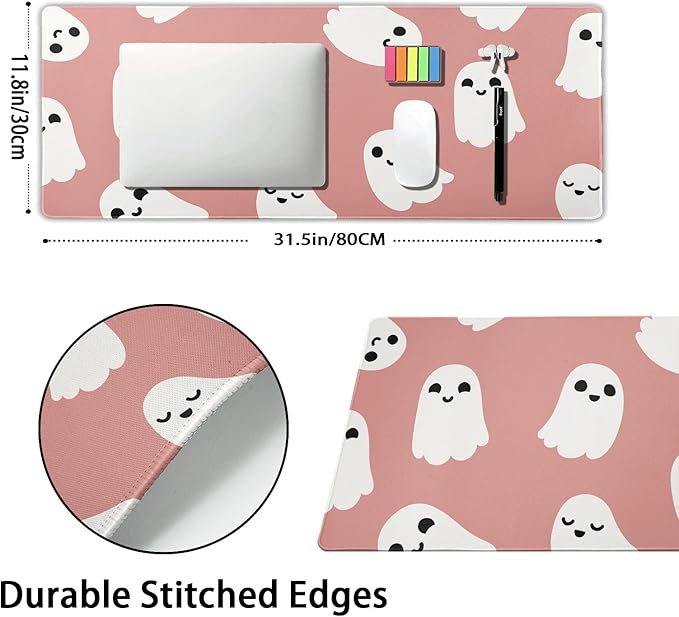 Halloween Cute Ghost Mouse Pad Kawaii Cartoon Spooky Funny Spirit Extended Desk Mat Non-Slip Rubber Base Stitched Edge Large XL Pink White Mousepad for Desk Gaming Laptop Desktop,31.5×11.8 Inch