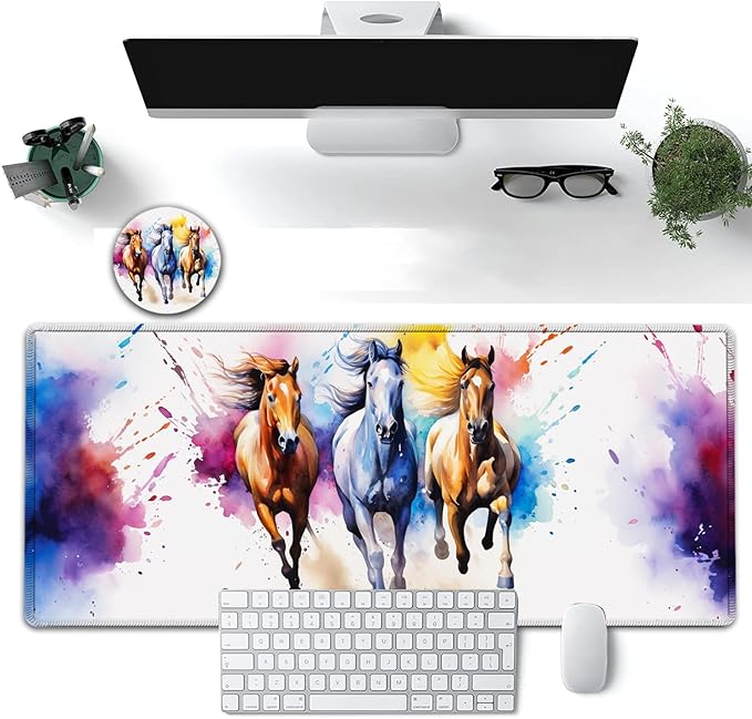 Large Mouse Pad, 31.5 x 11.8in Extended Gaming Mouse Pad with Stitched Edges, XXL Mousepad Protector Non Slip Rubber Base for Office & Home Writing Mat, Watercolor Horse Running Pattern White Desk Mat