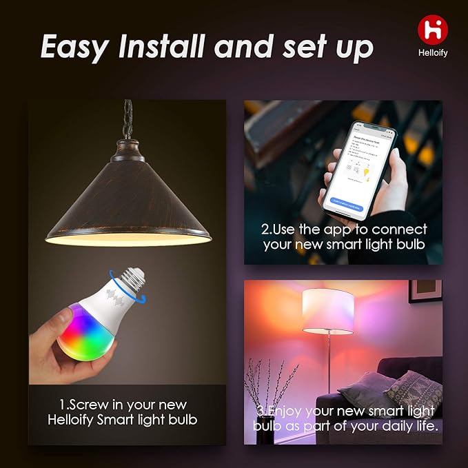 Helloify A19 Smart WiFi LED Light Bulbs, RGBCW Multi-Color Changing, Warm to Cool White Dimmable, Compatible with Alexa & Google Home (No Hub), 60W Equivalent E26, RGB+2700K-6500K, 2 Count