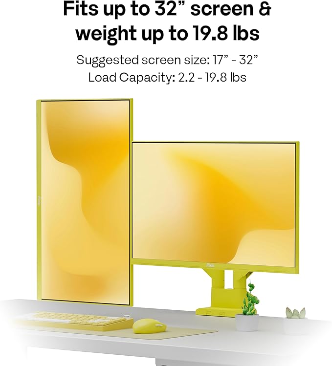 Pixio PS1D Wave Yellow Dual Monitor Arm Stand Desk Mount - Fits up to 32 inches Monitors and up to 19.8lbs. VESA Compatibility and Integrated Cable Management