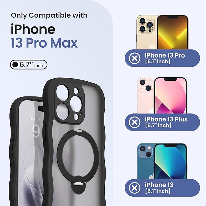 CAPRARO for iPhone 13 Pro Max Case with 360° Spin Magnetic Stand for Women, [Compatible with MagSafe] [Full Camera Protection] Cute Wave Translucent Matte Case for iPhone 13 Pro Max, Black