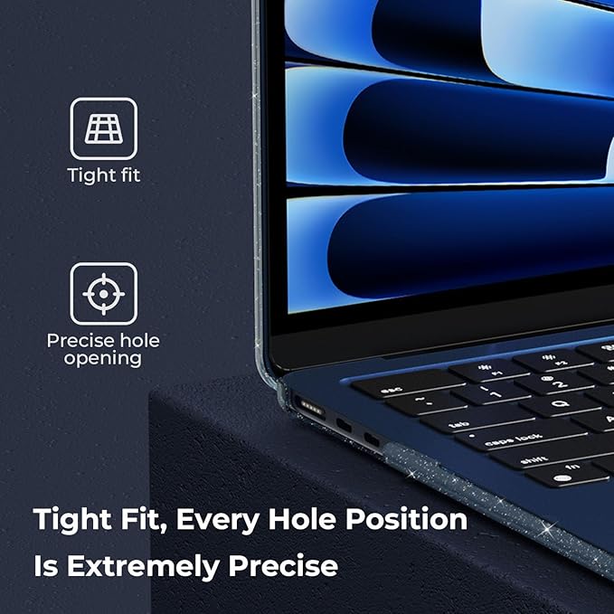 EooCoo Compatible with MacBook Air 13 inch Case M5 2026-2022 M4 M3 M2 Model A3449 A3240 A3113 A2681, Mac Air 13.6 inch Hard Shell & Keyboard Cover & Screen Film & Type-C, Sparkly Midnight