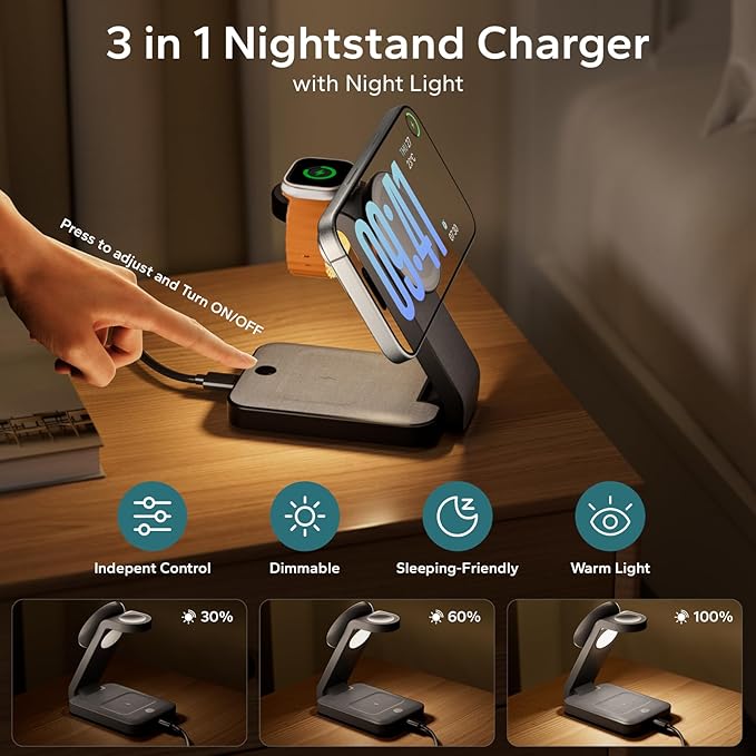 Eazpower 3 in 1 Foldable Wireless Charging Station for MagSafe, Nightstand Magnetic Charger Stand for iPhone 17 16 15 14 Pro Max, Travel Charging Dock with Night Light for Apple Watch/AirPods (Black)