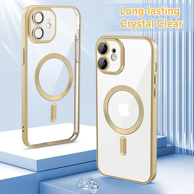 Hython Magnetic Clear for iPhone 12 Case with Camera Lens Protector [Compatible with MagSafe] Luxury Plating Edge Slim Soft TPU Cover Protective Phone Case for iPhone 12 6.1", Matte Gold