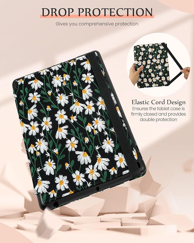 Uppuppy for iPad 9th/8th/7th Generation Case 10.2'' - Women Girls Cute Embroidered Folio Stand Cover with Pencil Holder & Card Slot Girly Black Daisy Floral Design Aesthetic Cases for iPad 7th/8th/9th