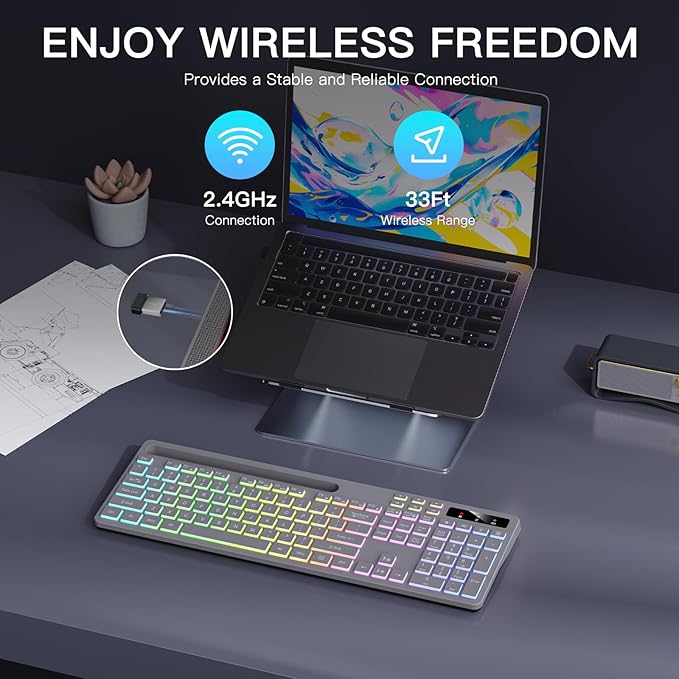 Soueto Wireless Keyboard with 7-Color RGB Backlit, Full-Size Computer Keyboard with Phone Tablet Holder, 2.4G Rechargeable Gaming Keyboard with Light Up Keys, Compatible with Mac, Windows (Grey)