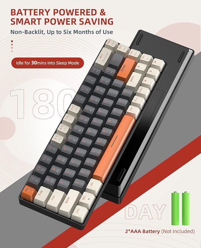 ZIYOU LANG RK68 60% Wireless Mechanical Keyboard, Bluetooth 5.0/2.4Ghz Dual Mode 2-in-1 USB-C Receiver Mini Mechanical Keyboard, Hot Swappable Red Switch Gaming Keyboard for PC/MAC/Laptops