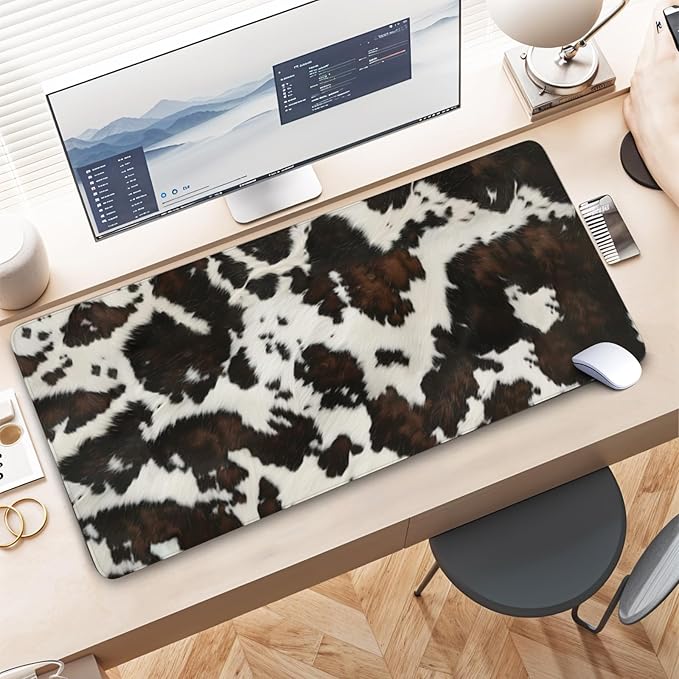 Cow Print Mouse Pad Gaming, Large Mouse Pads for Desk, Highland Cow Print Extended Mousepad with Stitched Edge, Non-Slip Rubber Base, Long Full Keyboard Mat for Desk Game Home Office, 31.5" x 11.8"