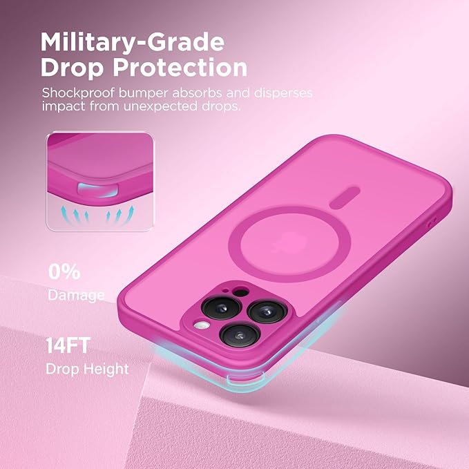 CAPRRO Magnetic for iPhone 13 Pro Max Case, [Compatible with MagSafe] [Full Camera Protection] Shockproof Protective Slim Translucent Matte Phone Case for iPhone 13 Pro Max 6.7'', Shocking Pink