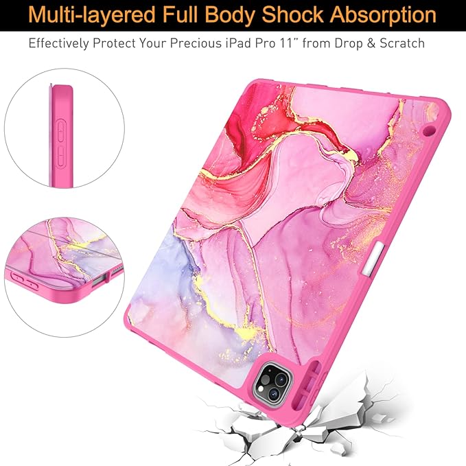 Soke for iPad Pro 11 Case (M2) 2022/2021/2020 with Pencil Holder - [Full Body Protection + Apple Pencil Charging + Auto Wake/Sleep], Soft TPU Back Cover for 2022 iPad Pro 11 inch(Hot Pink Marble)