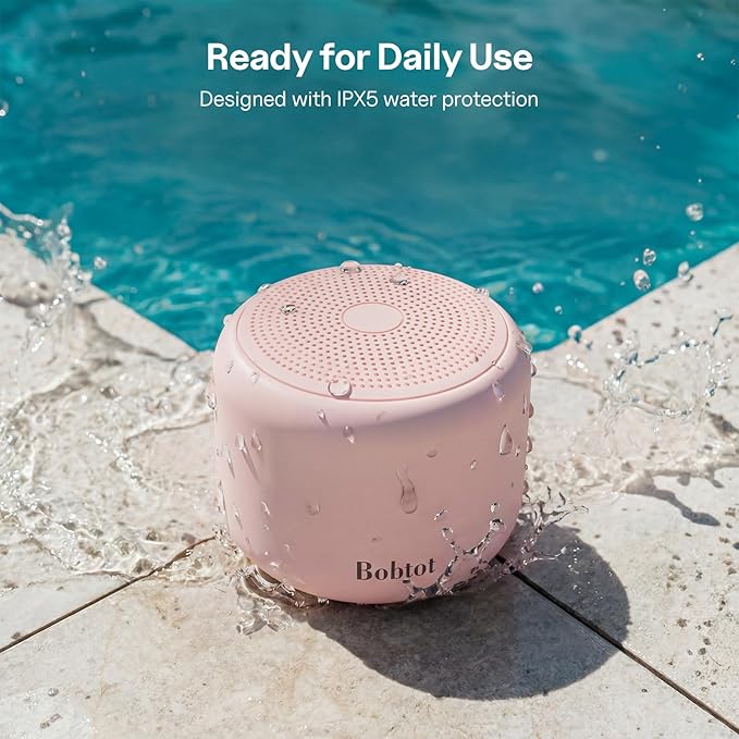 Bobtot Portable Bluetooth Speakers with Strap Easy to Carry, Wireless IPX5 Waterproof Mini Speaker with Loud Stereo Sound, 20 Hours Playtime, Rechargeable Battery, Built-in Microphone, Pink