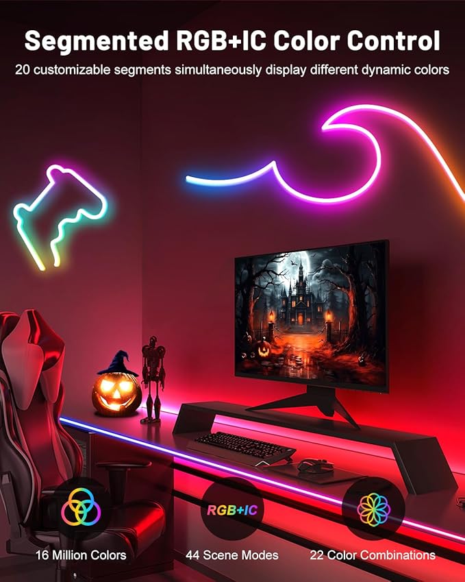 Neon Rope Lights, 16.4ft Smart RGB+IC LED Strip Lights with App & Remote Control, IP67 Waterproof Flexible Neon String Lights for Bedroom, Music Sync, DIY Multiple Modes for Wall Gaming Christmas Home