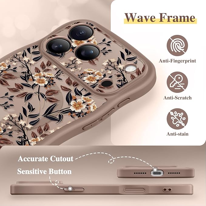 GVIEWIN for iPhone 17 Pro Case Compatible with MagSafe [Curly Wave Edge][Full Camera Protection] Floral Translucent Shockproof Magnetic Women Phone Case for iPhone 17 Pro 6.3'', Bunchflower/Brown