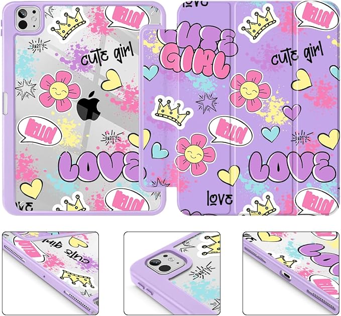 May Chen for iPad Pro 13 Inch Case M5 2025 / M4 2024, Built Pencil Holder & Clear Transparent Print Back Shell Slim Stand Shockproof Tablet Cover, Auto Wake/Sleep, Cute Girl Pattern