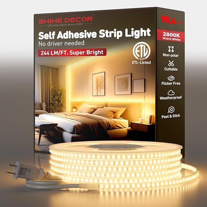 Shine Decor LED Strip Light Super Bright 24000LM, Plug&Play 120V Driverless Easy Wiring, Flicker Free Weatherproof for Outdoor Indoor, Min. 3.9” Cuttable Stickable, 2800K Warm White 98FT ETL Listed