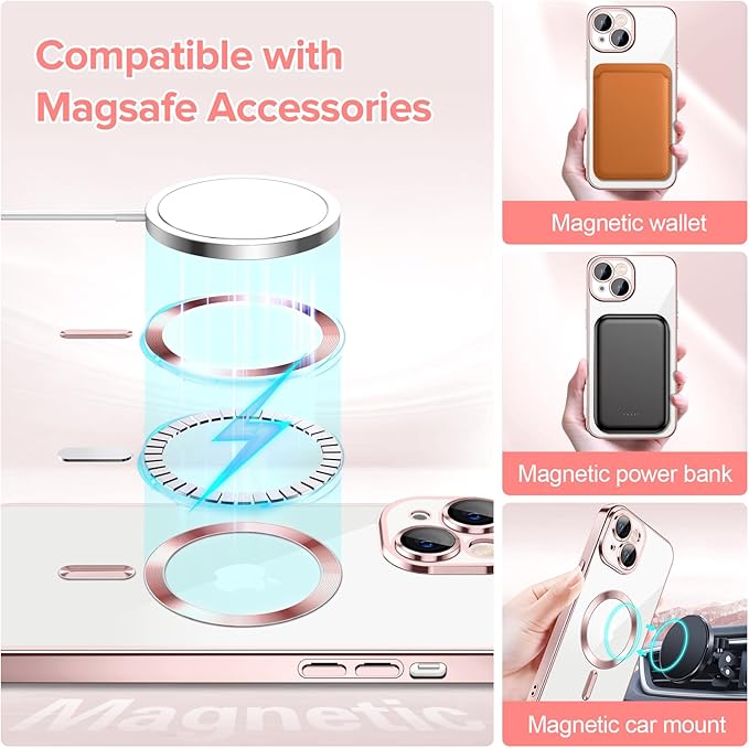 Hython Magnetic Clear for iPhone 14 Plus Case with Camera Lens Protector [Compatible with MagSafe] Luxury Plating Edge Slim Soft TPU Cover Protective Phone Case for iPhone 14 Plus 6.7", Pink