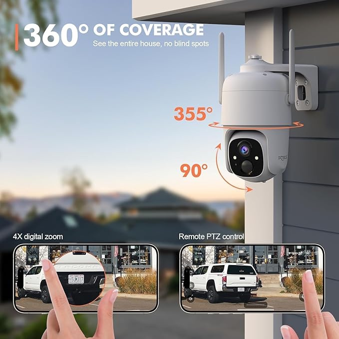 Dzees Security Cameras Wireless Outdoor, 2K Pan/Tilt 360° View Solar/Battery Powered WiFi Cameras for Home Security with AI Motion Detection,Color Night Vision, 2-Way Audio, SD/Cloud Storage - 2 Pack