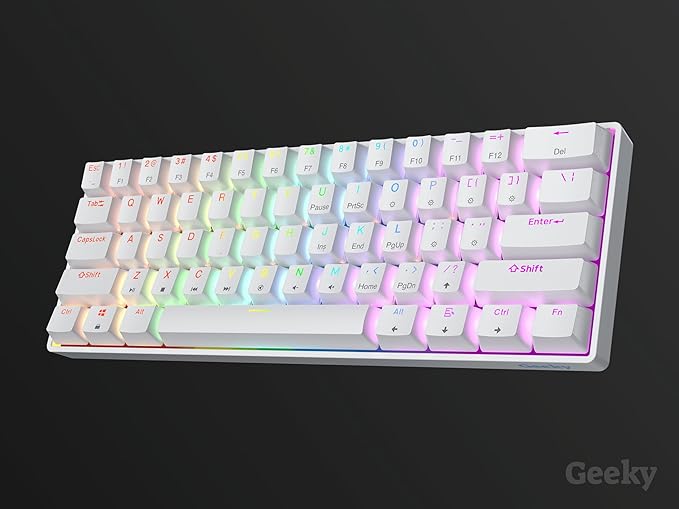 Geeky GK61 SE 60% | Mechanical Gaming Keyboard | 61 Keys Multi Color RGB LED Backlit for PC/Mac Gamer | ANSI US American Layout (White, Mechanical Red)