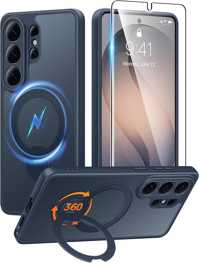 FNTCASE for Samsung Galaxy S26-Ultra Case: [360 Spin Magnetic Stand] [Compatible with Magsafe] [Screen Protector] Translucent Matte Military Grade Shockproof Full Camera Phone Cover - Deep Blue