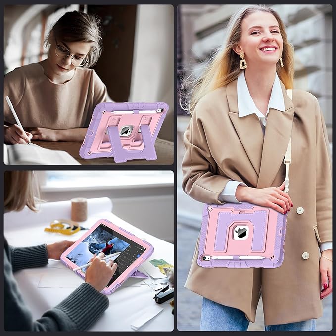 for iPad (A16) 11th/10th Generation 2025/2022 iPad Case 10th Generation with Shoulder Strap/Pencil Holder,Heavy Duty Shockproof Cover for i Pad 11th/10th Gen,Purple Rosegold