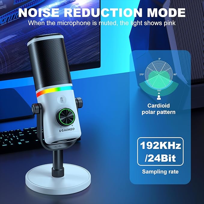 Aokeo Microphone for PC, AK-10 USB/XLR Dynamic Desktop Microphone for Gaming,Podcast,Streaming with RGB Light,Volume Control,Mute Button,Noise Reduction