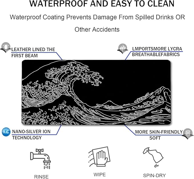 Large Gaming Mouse Pad, Waterproof Extra Large Big Mouse Pad with Stitched Edge, XXXL Non-Slip Black Computer Long Mousepad for Gamer, Office & Home, Wave Lines